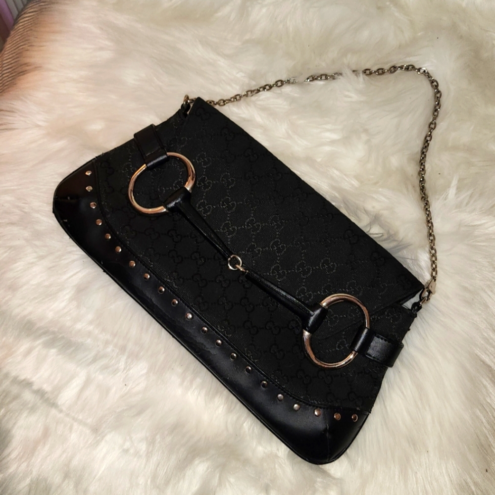 Gucci Horsebit GG Canvas Chain Shoulder Bag in Black